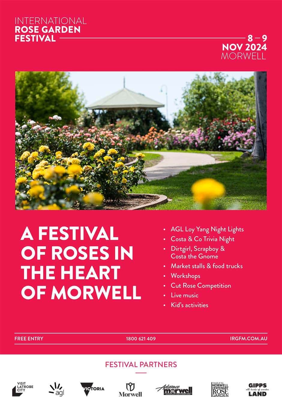 Poster for the international rose festival in Morwell.